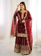 Maroon Mother-Daughter Fandy Silk Embroidery Sharara Set