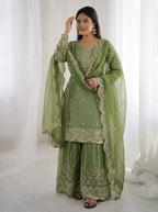 Green Fendy Silk Embroidery Sharara Set