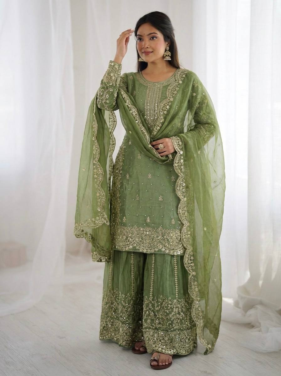 Green Fendy Silk Embroidery Sharara Set