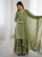 Green Mother-Daughter Fandy Silk Embroidery Sharara Set