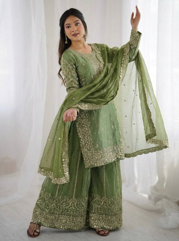 Green Fendy Silk Embroidery Sharara Set