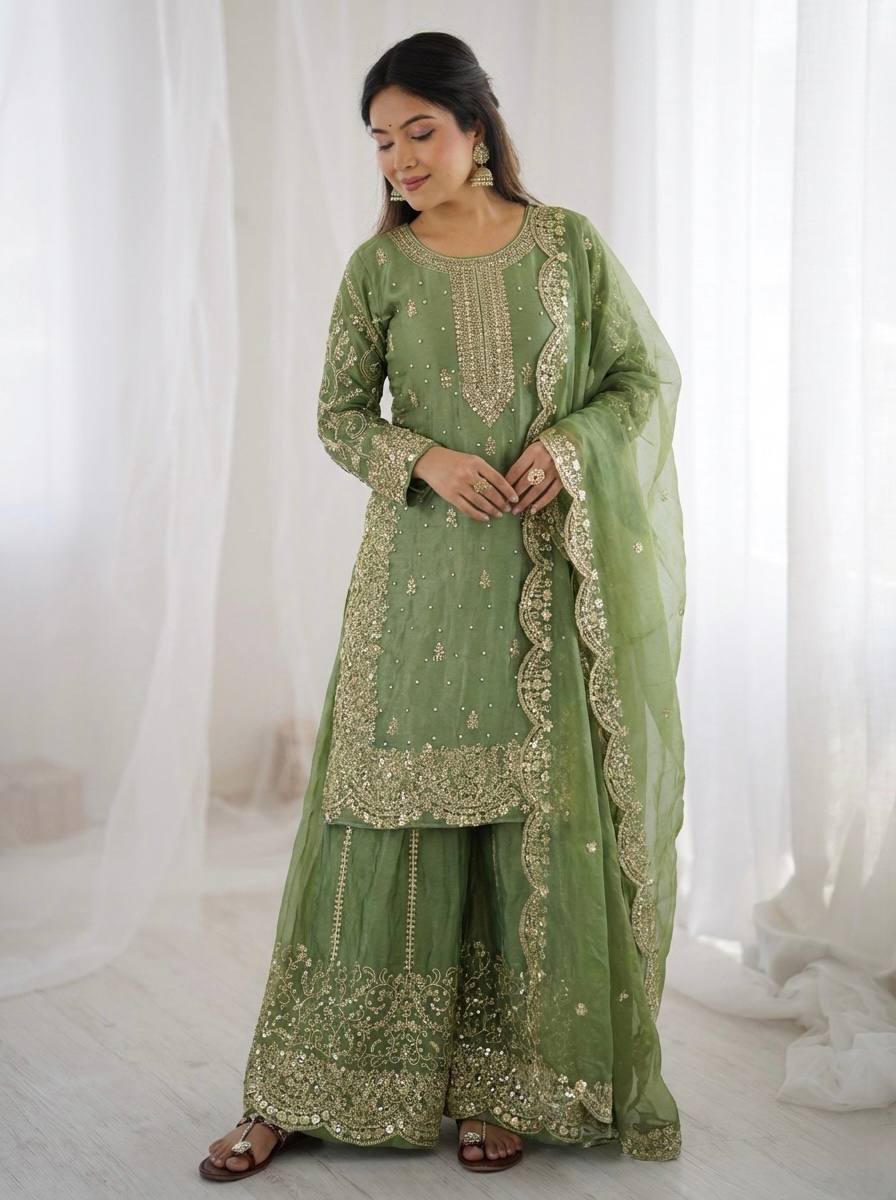 Green Fendy Silk Embroidery Sharara Set