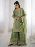Green Fendy Silk Embroidery Sharara Set