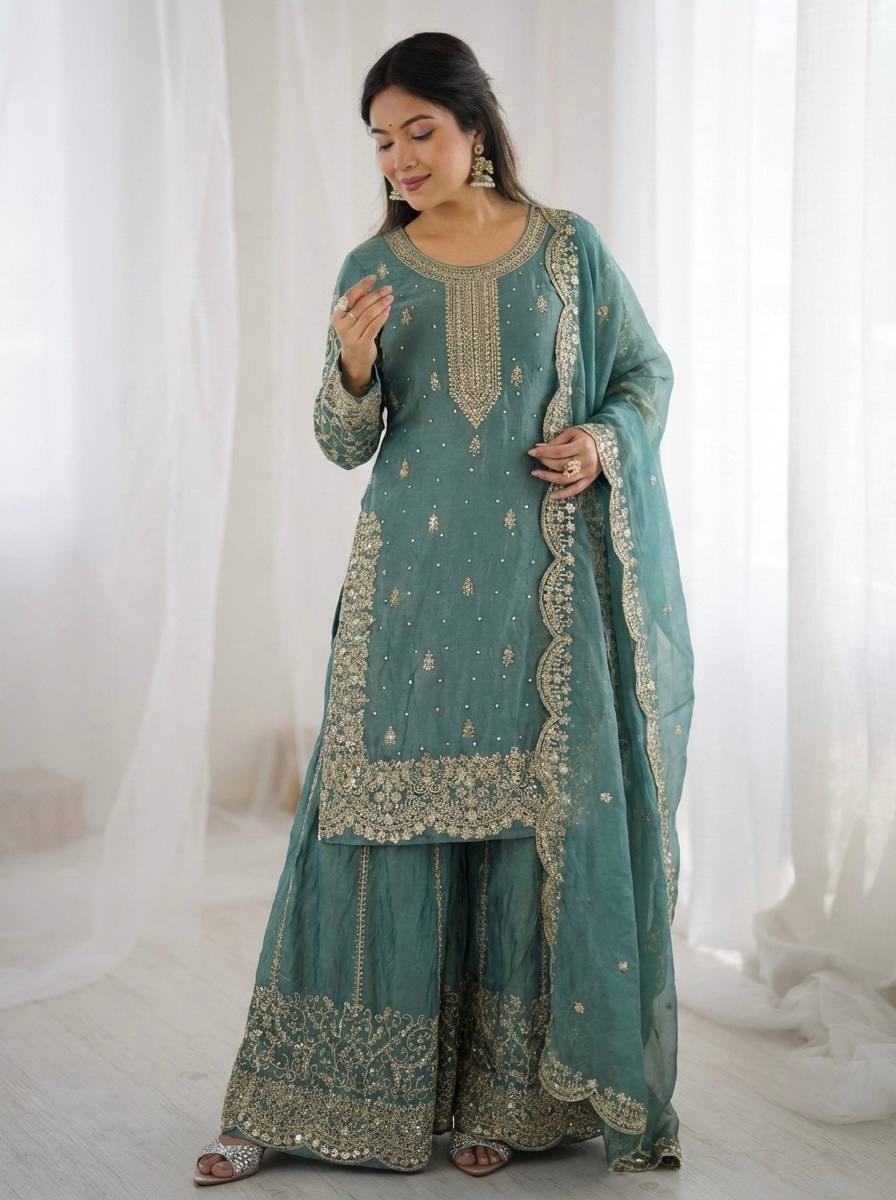 Sky Blue Fendy Silk Embroidery Sharara Set