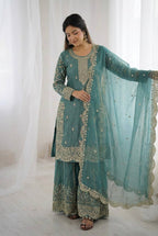 Sky Blue Fendy Silk Embroidery Sharara Set