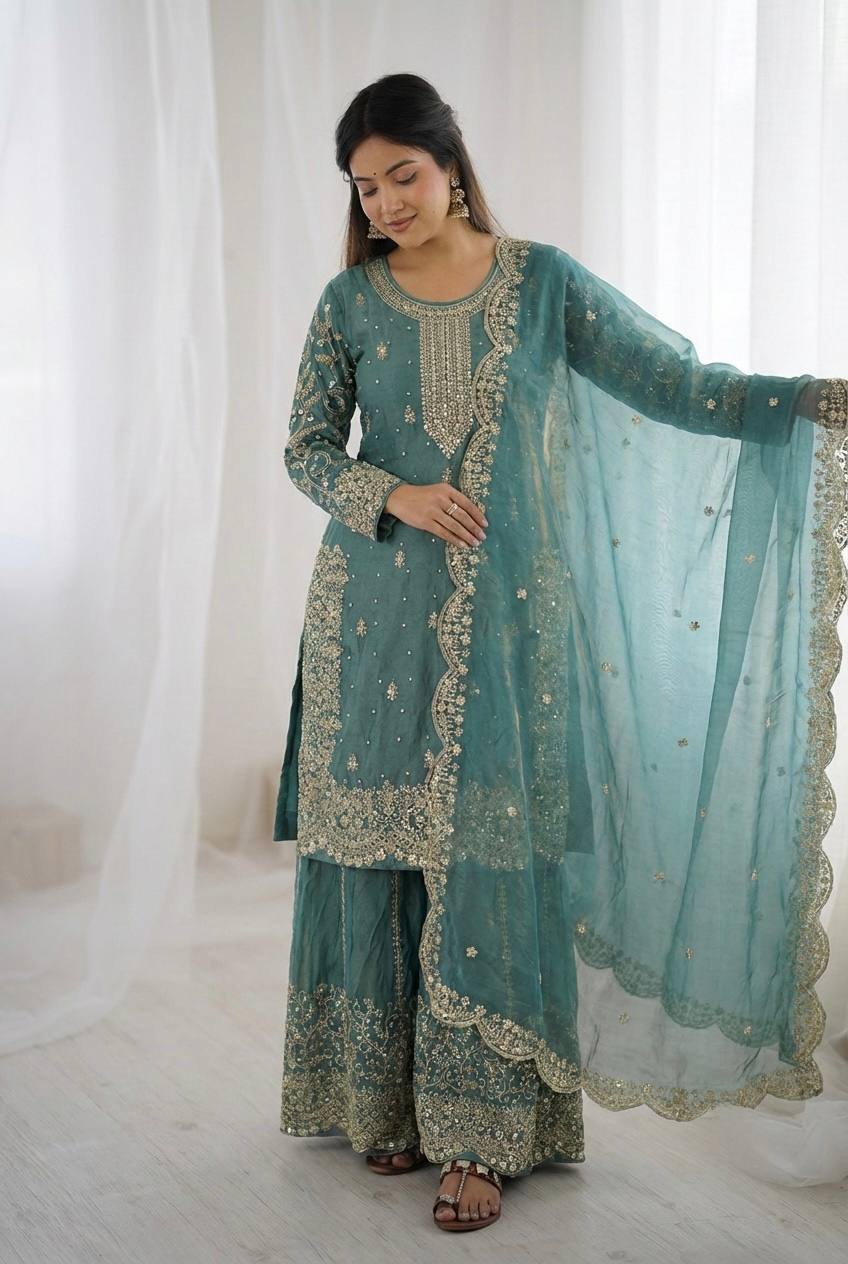 Sea Green Mother-Daughter Fandy Silk Embroidery Sharara Set