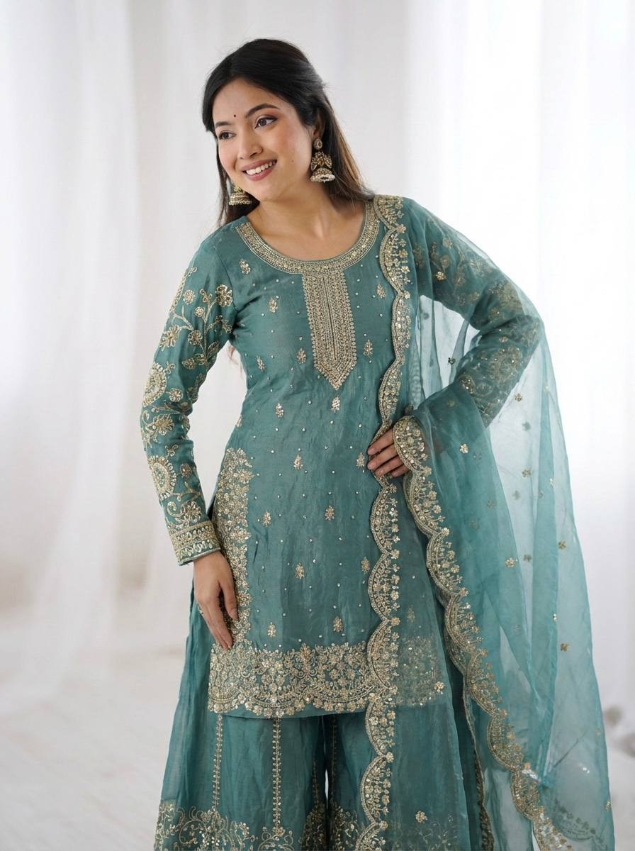 Sky Blue Fendy Silk Embroidery Sharara Set