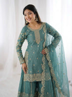 Sky Blue Fendy Silk Embroidery Sharara Set