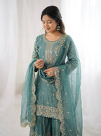 Sky Blue Fendy Silk Embroidery Sharara Set