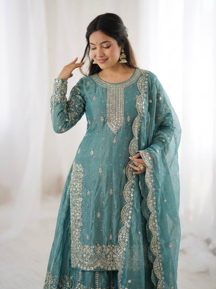 Sky Blue Fendy Silk Embroidery Sharara Set
