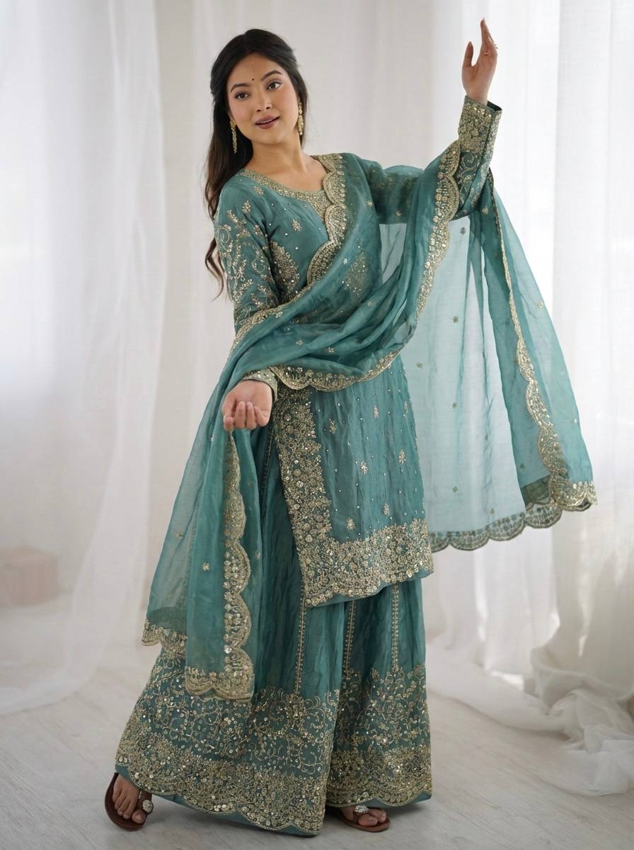 Sky Blue Fendy Silk Embroidery Sharara Set
