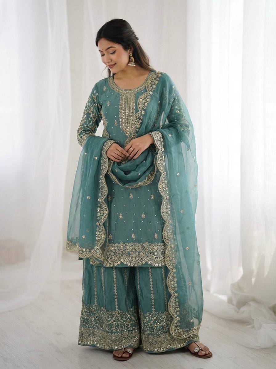 Sky Blue Fendy Silk Embroidery Sharara Set
