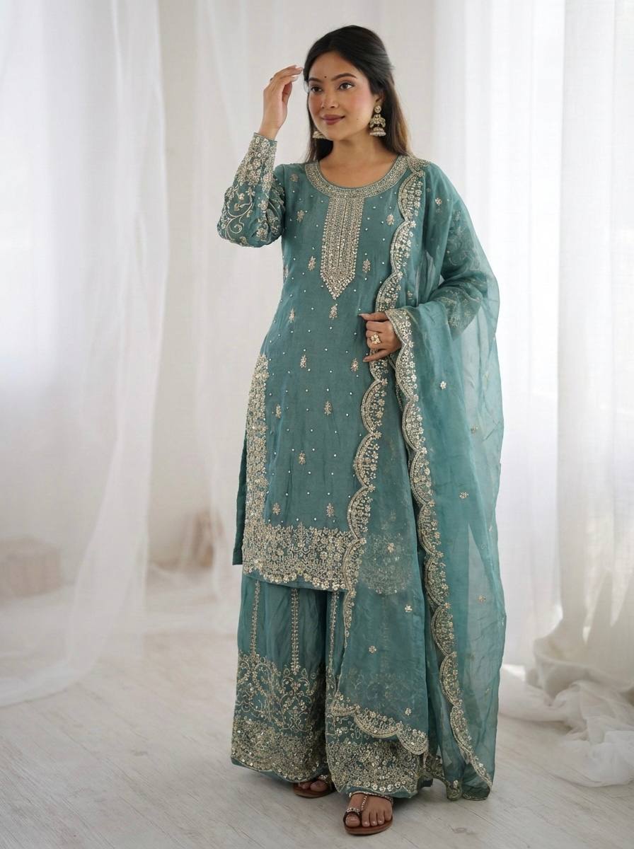 Sky Blue Fendy Silk Embroidery Sharara Set