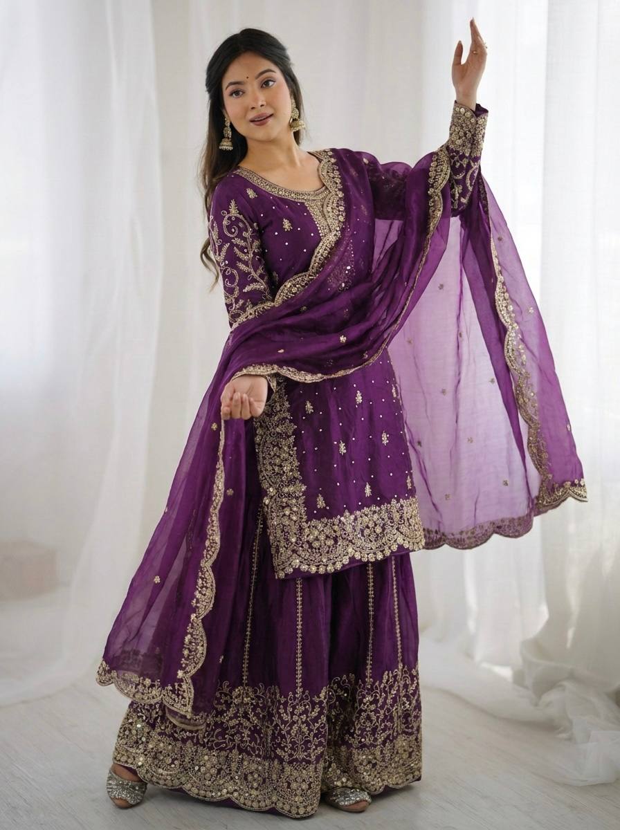 Violent Fendy Silk Embroidery Sharara Set
