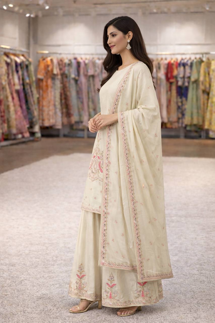 Cream Chinon Silk Sharara Set