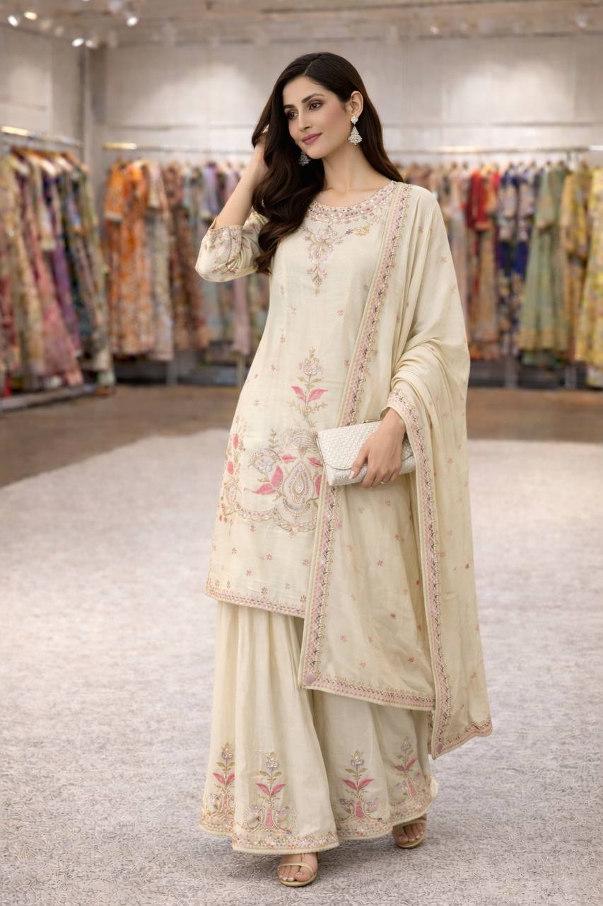 Cream Chinon Silk Sharara Set