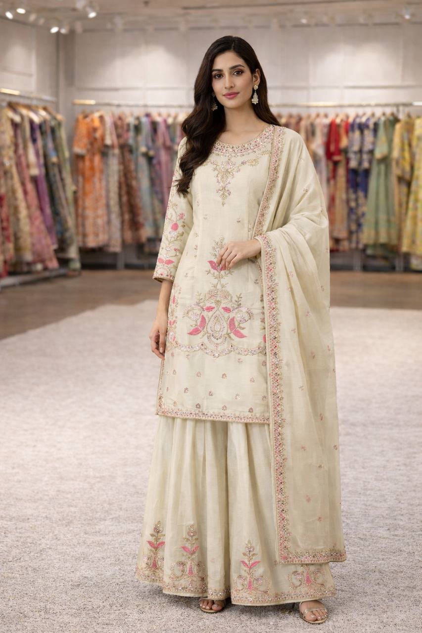 Cream Chinon Silk Sharara Set