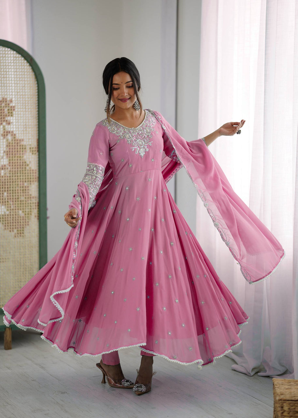 Baby Pink Heavy Embroidery Rainbow Sequence with Moti Work Suit Set