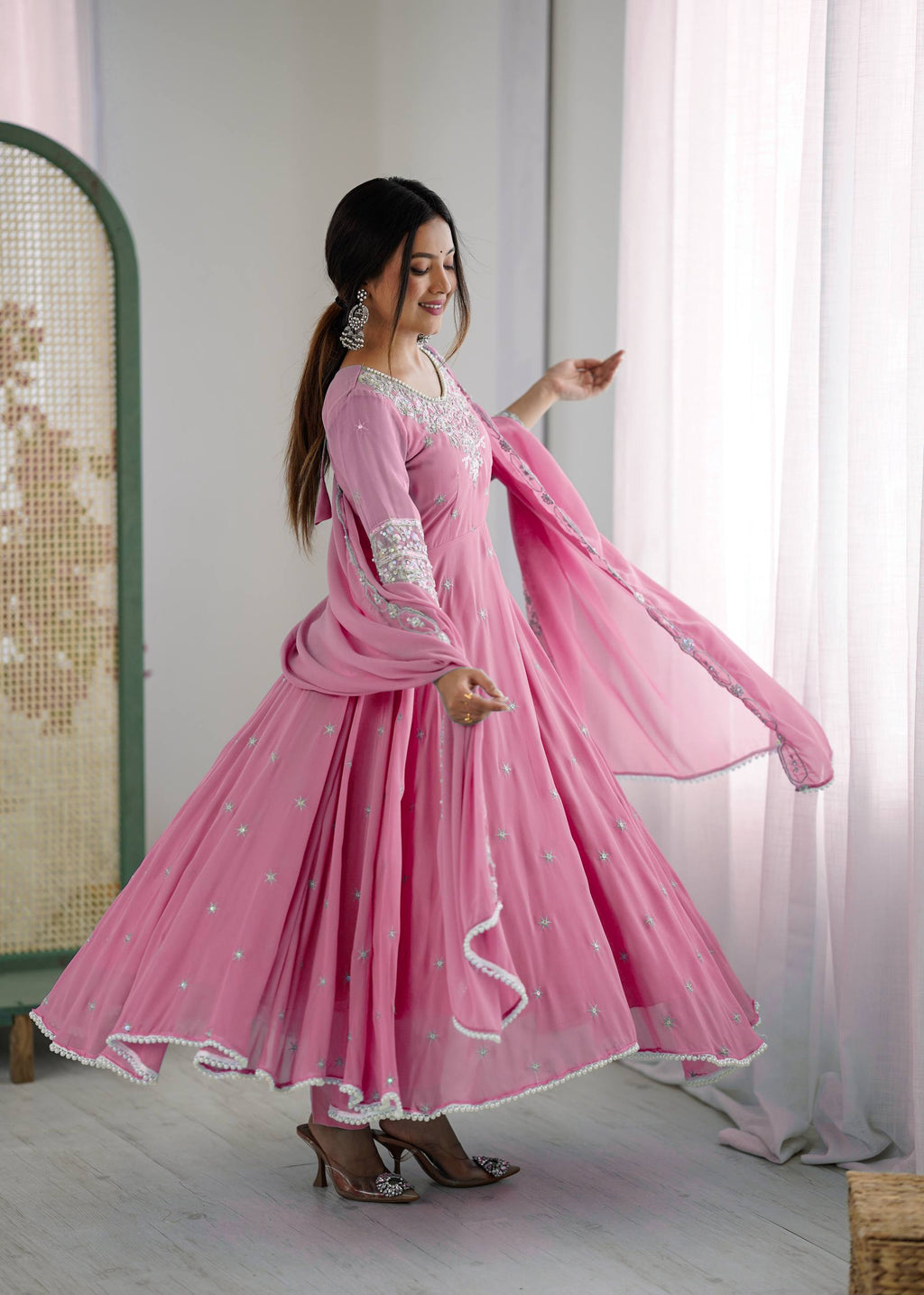Baby Pink Heavy Embroidery Rainbow Sequence with Moti Work Suit Set