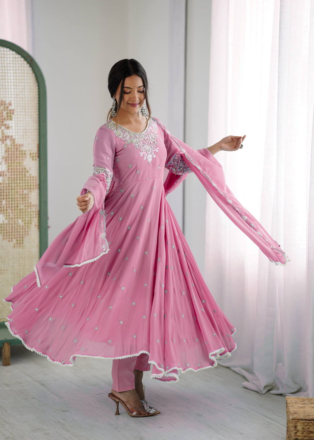 Baby Pink Heavy Embroidery Rainbow Sequence with Moti Work Suit Set