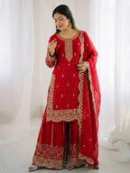 Red Fendy Silk Embroidery Sharara Set