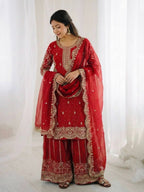 Red Fendy Silk Embroidery Sharara Set