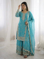 Blue Fendy Silk Embroidery Sharara Set