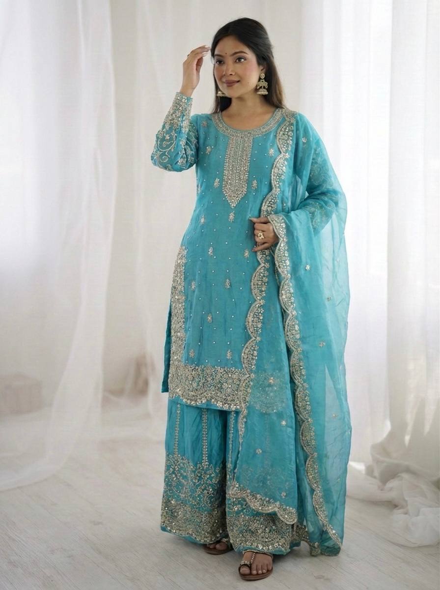 Blue Fendy Silk Embroidery Sharara Set