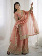 Beige Mother-Daughter Fandy Silk Embroidery Sharara Set