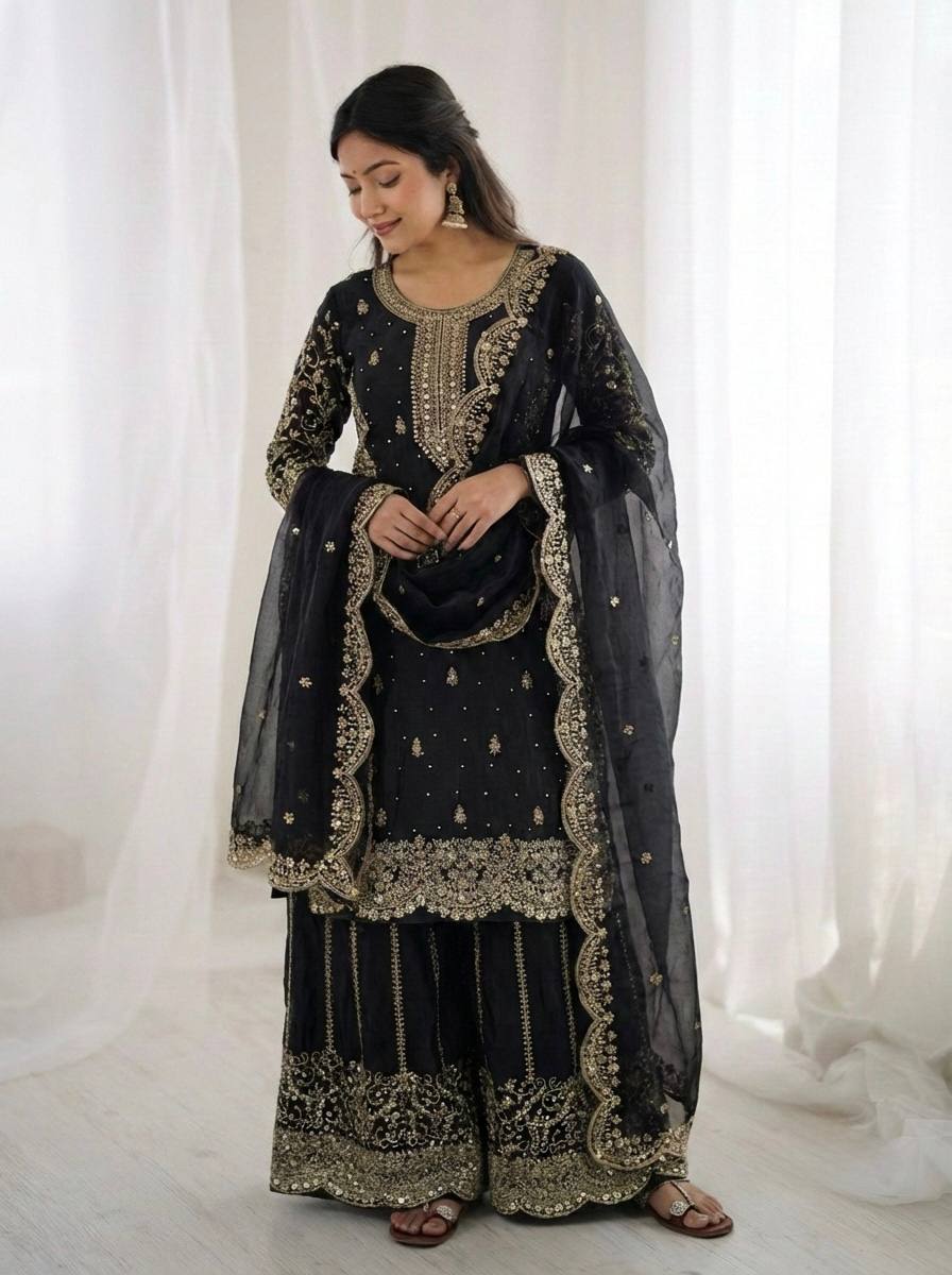 Black Fendy Silk Embroidery Sharara Set
