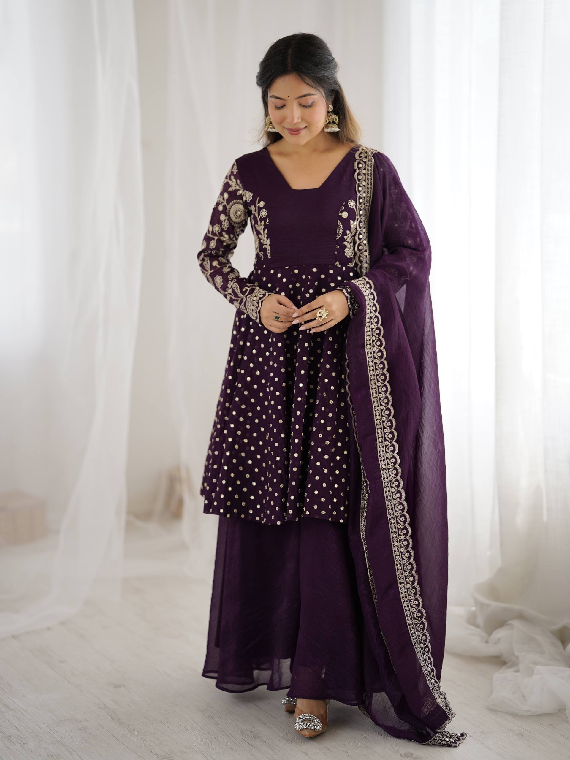 Purple Crunchy Silk Sharara Set
