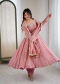 Peach Crunchy Silk Embroidery Kurta Set