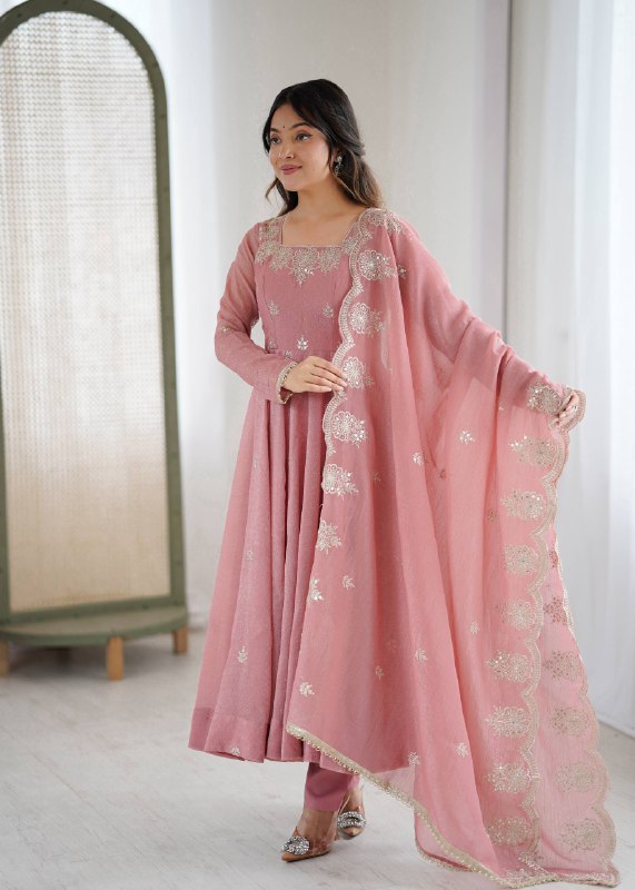 Peach Crunchy Silk Embroidery Kurta Set