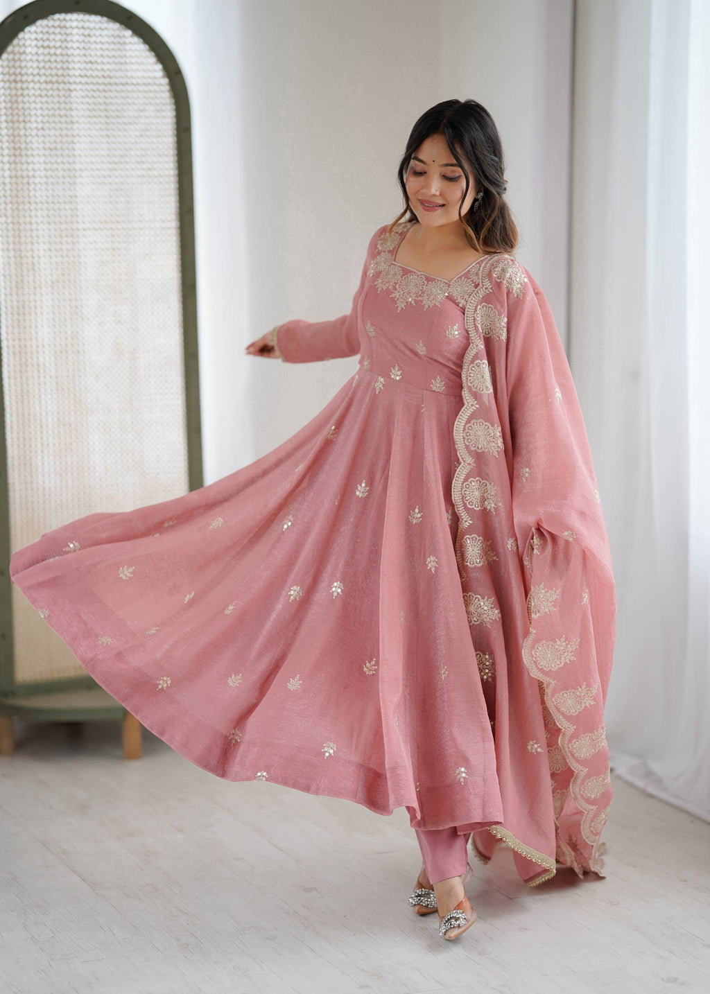 Peach Crunchy Silk Embroidery Kurta Set