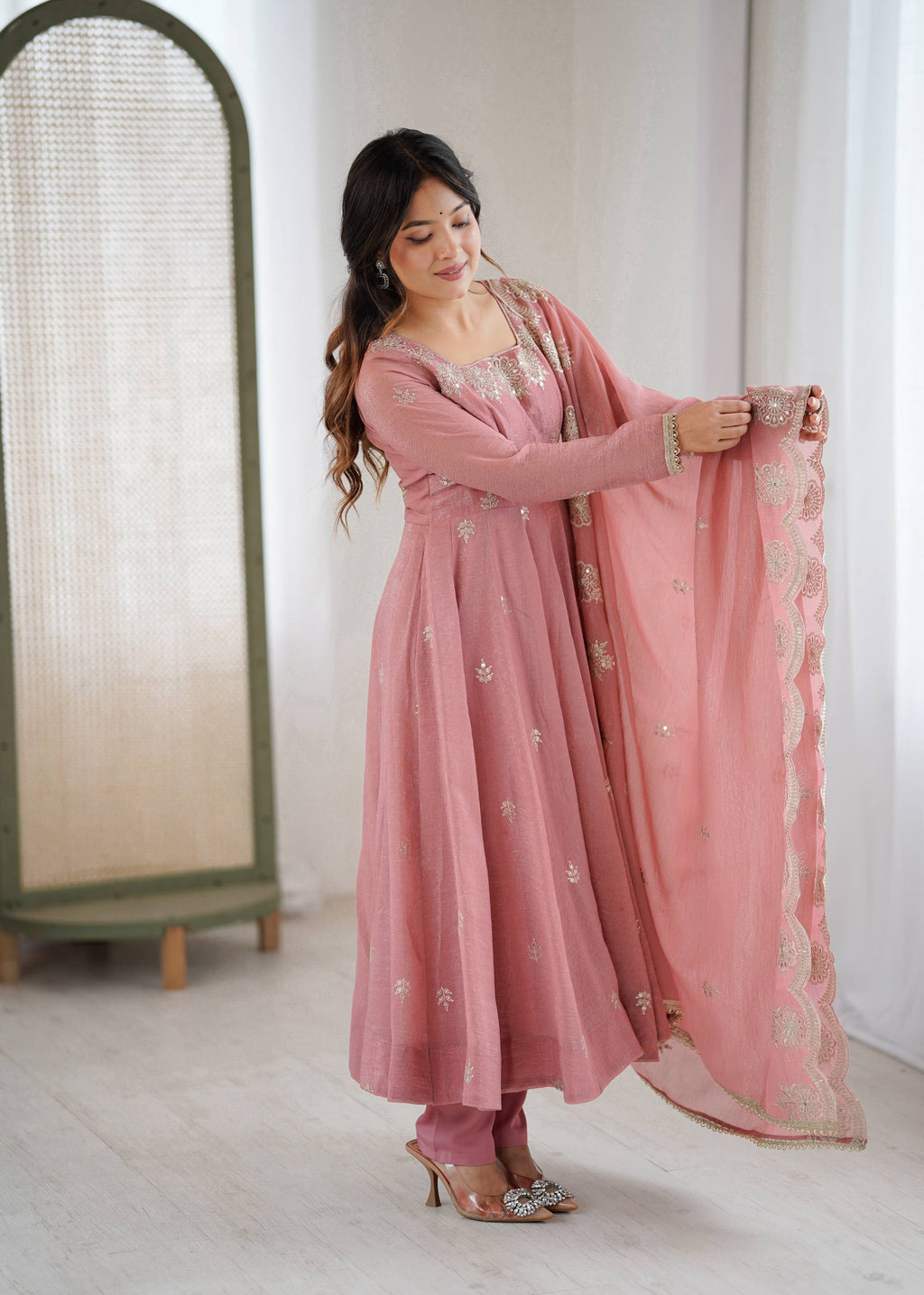Peach Crunchy Silk Embroidery Kurta Set