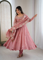 Peach Crunchy Silk Embroidery Kurta Set