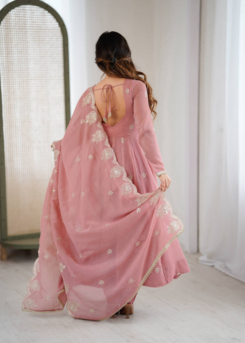 Peach Crunchy Silk Embroidery Kurta Set