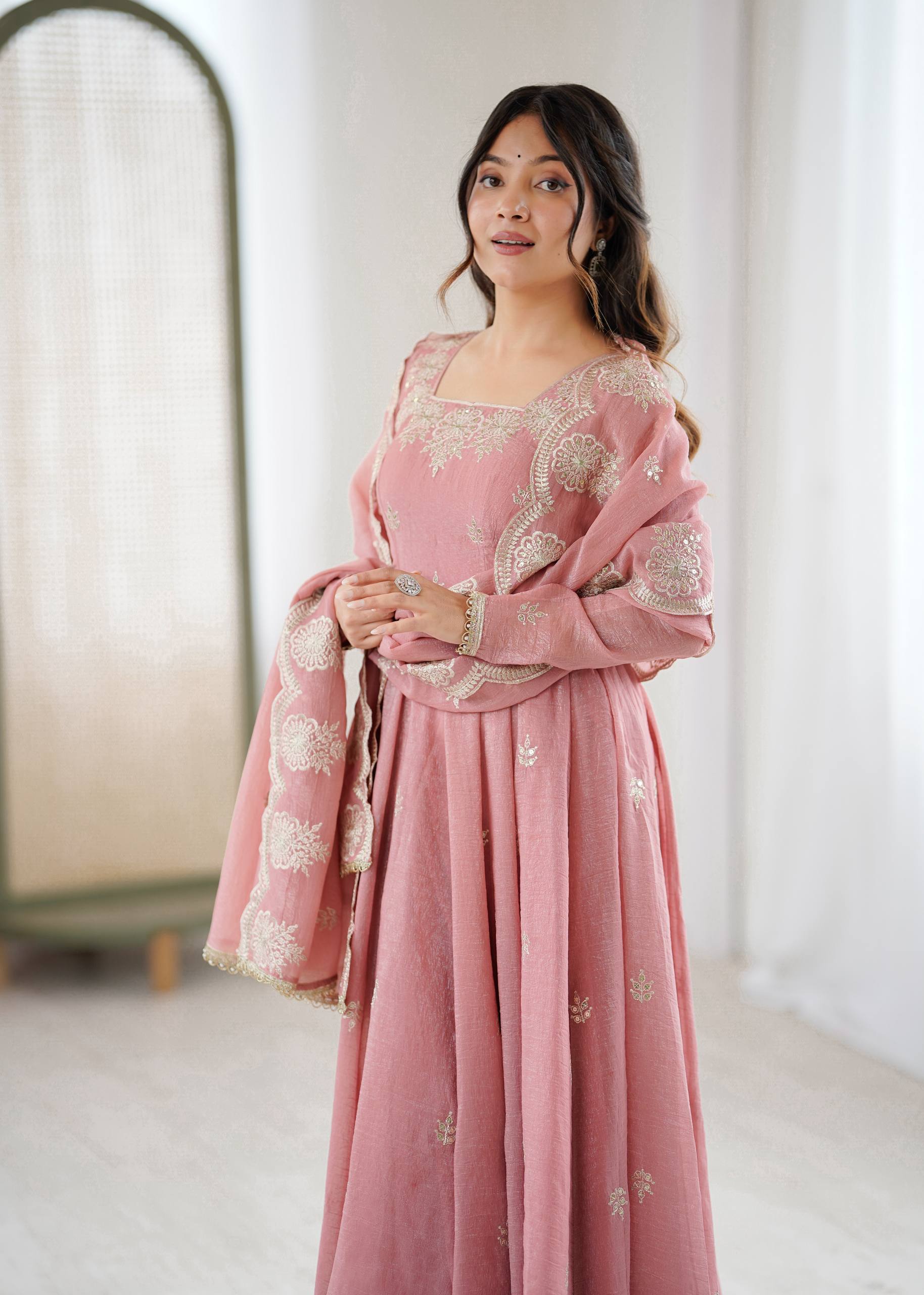 Peach Crunchy Silk Embroidery Kurta Set