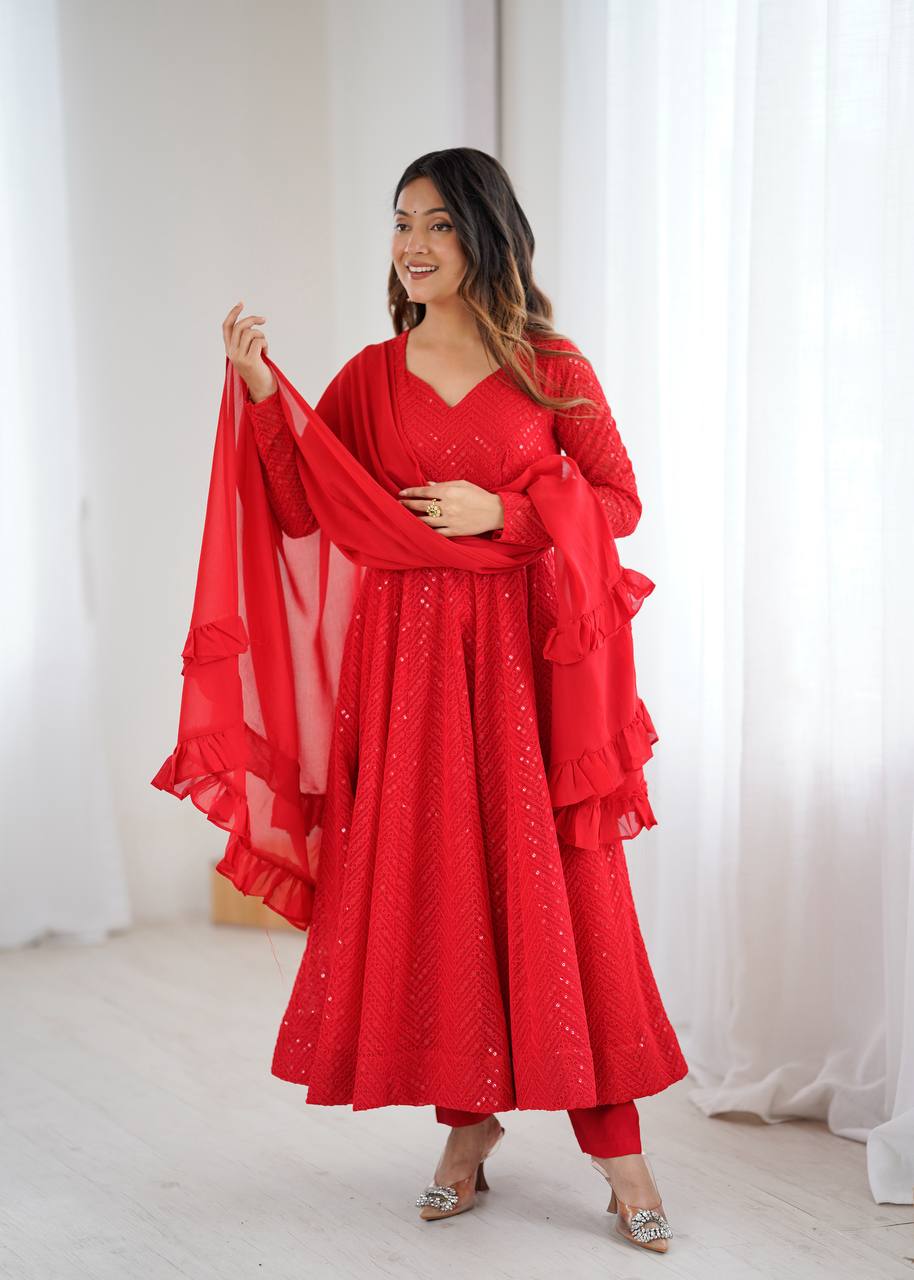 Red Lukhnowi Sequence Work Kurta Set
