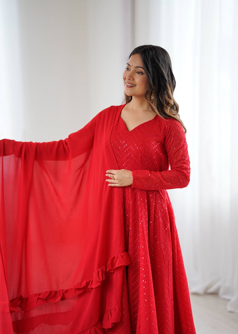 Red Lukhnowi Sequence Work Kurta Set