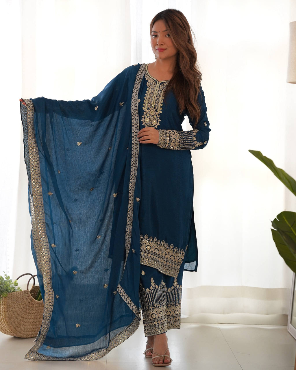 Blue Chinon Silk Embroidery Kurta Set