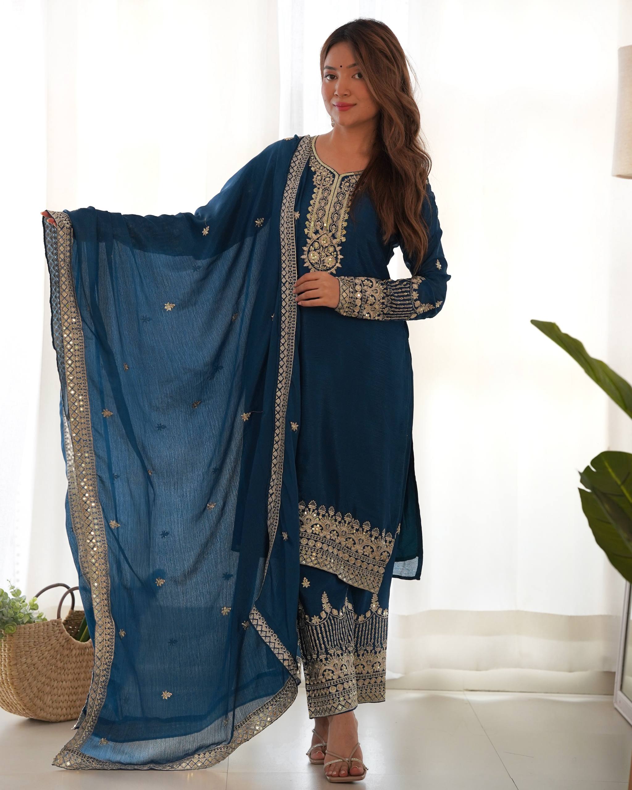 Blue Chinon Silk Embroidery Kurta Set