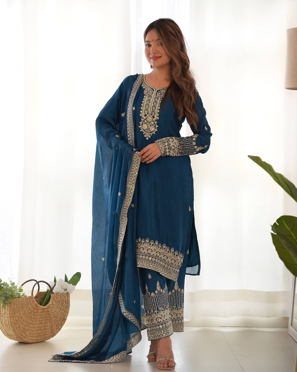 Blue Chinon Silk Embroidery Kurta Set