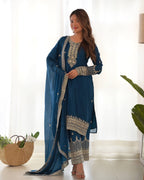 Blue Chinon Silk Embroidery Kurta Set