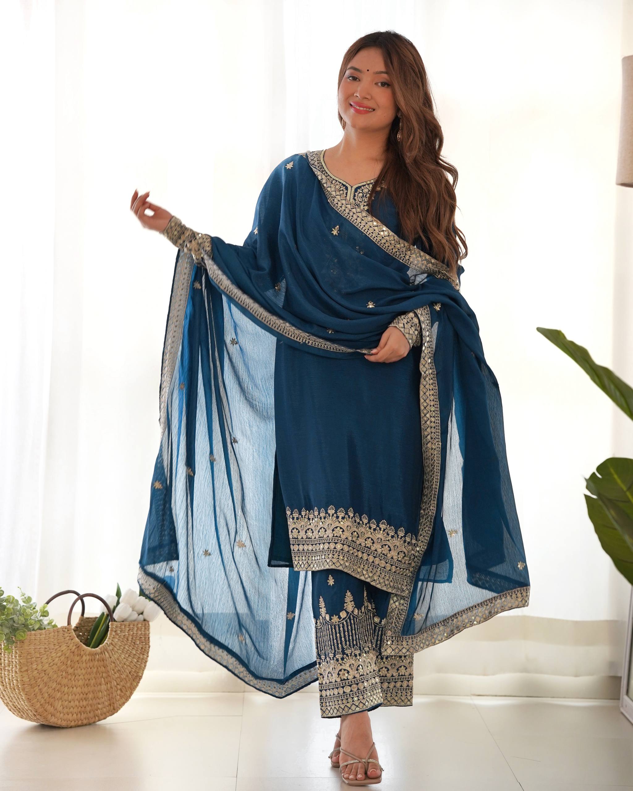 Blue Chinon Silk Embroidery Kurta Set