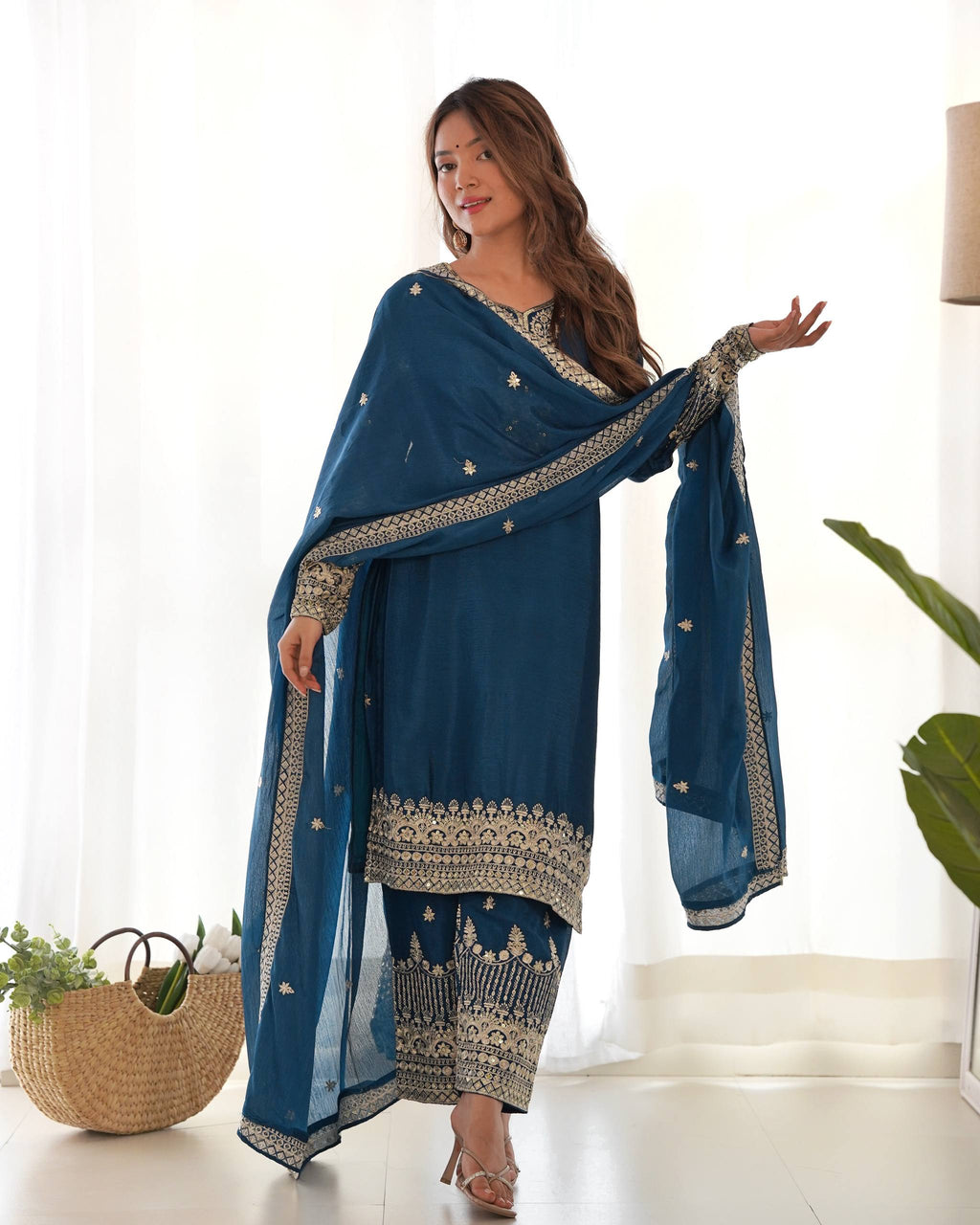 Blue Chinon Silk Embroidery Kurta Set