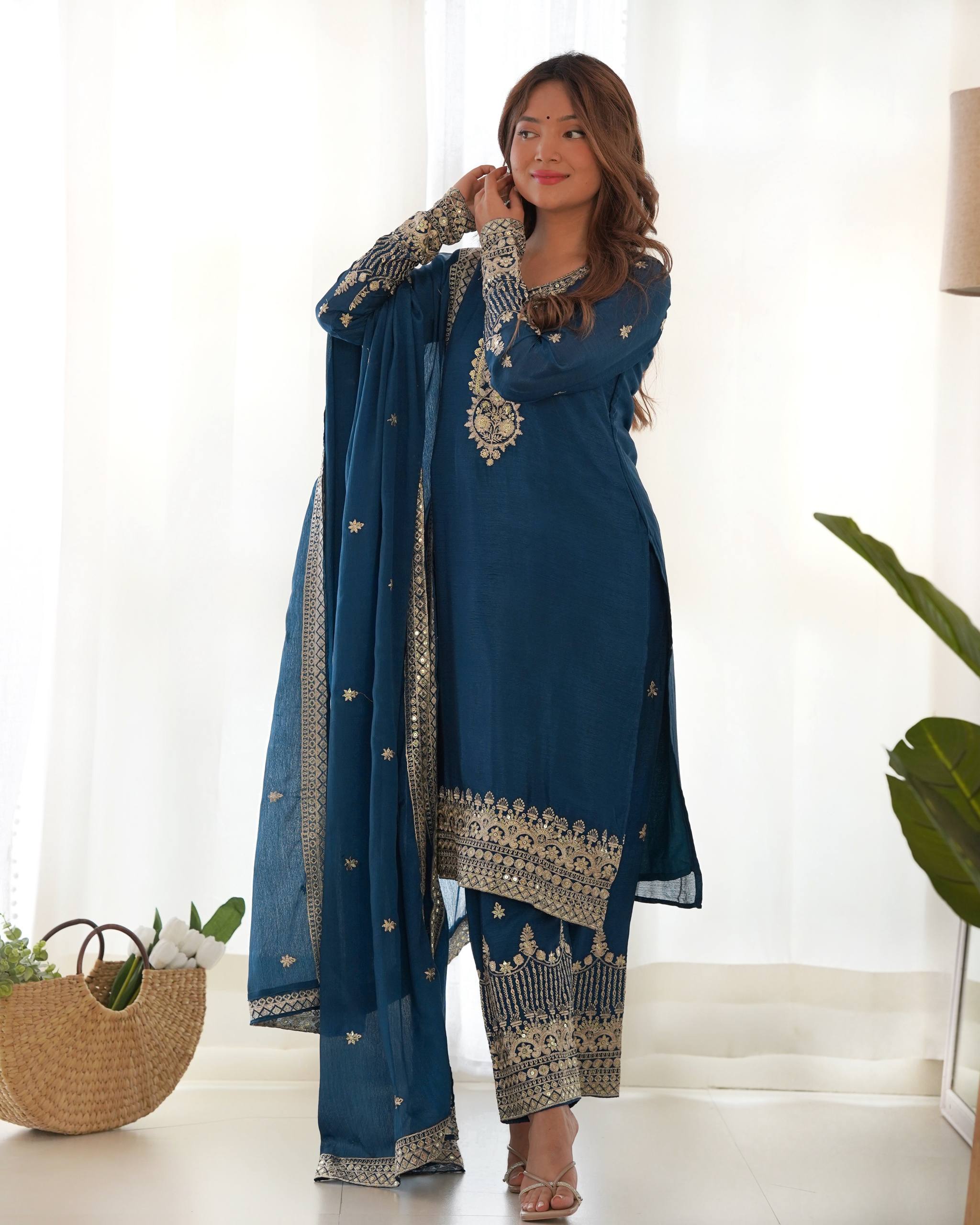 Blue Chinon Silk Embroidery Kurta Set