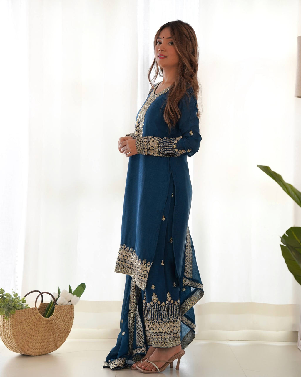 Blue Chinon Silk Embroidery Kurta Set