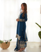 Blue Chinon Silk Embroidery Kurta Set