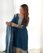 Blue Chinon Silk Embroidery Kurta Set